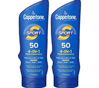 Coppertone SPORT Sunscreen SPF 50 Lotion, Water Resistant Sunscreen, Broad Spectrum SPF 50 Sunscreen, Bulk Sunscreen Pack, 7 Fl Oz Bottle, Pack of 2