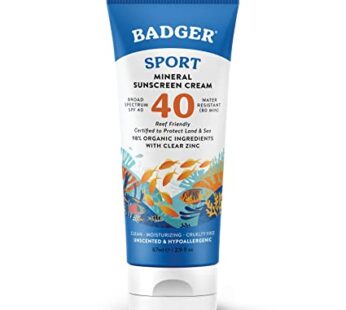 Badger SPF 40 Sport Mineral Sunscreen Cream – Reef-Friendly Broad-Spectrum Water-Resistant Sport Sunscreen with Zinc Oxide – Unscented, 2.9 oz