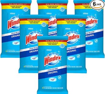 Windex Glass and Surface Pre-Moistened Wipes, Original, 38 Count (Pack of 6)