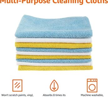 Basics Microfiber Cleaning Cloths, Non-Abrasive, Reusable and Washable – Pack of 24, 12 x16-Inch, Blue, White and Yellow